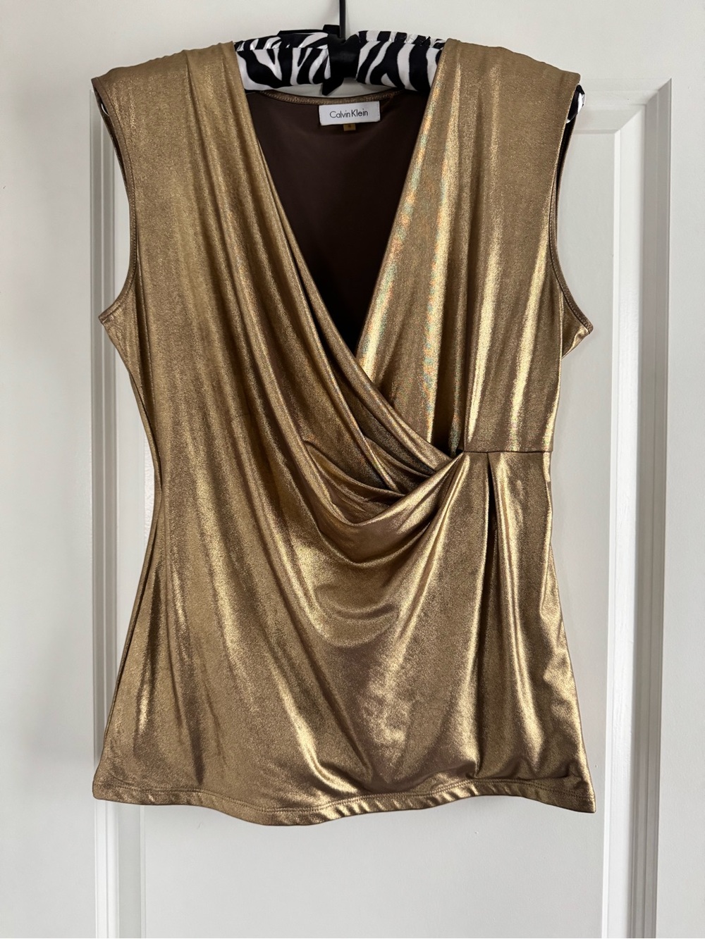 Calvin Klein Metallic Liquid Gold Draped V-Neck Sleeveless top